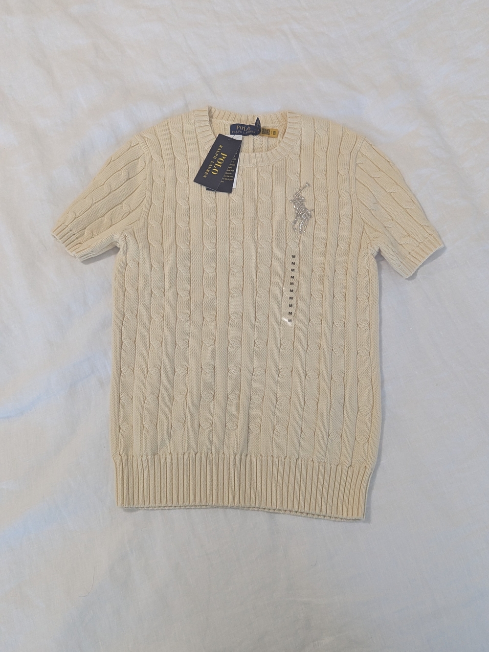 Ralph Lauren Pale Yellow Cable-Knit Crewneck Short Sleeve Top